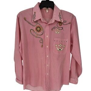 Tia‎ Designs Women's L Red White Stripe Nautical Anchor Embroidered Shrt Top
